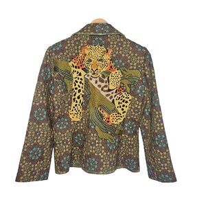 BIYA Johnny Was 100% Silk Embroidered Jacket Medium Leopard Big Cat Pockets